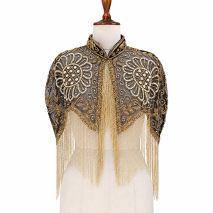 Capa de malla bordada de lujo para mujer con cuentas de perlas y flecos dorados, chal de noche nupcial de cuello alto a la moda - Product Image 1