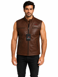 Gilet en cuir élégant pour homme avec coutures résistantes, doublure lisse, poches pratiques et coupe classique, idéal pour les voyages, le vélo et le quotidien. - Product Image 1