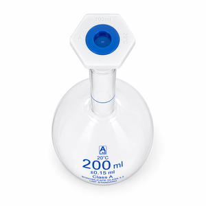 Fiole volumétrique de classe A 200 ml en verre borosilicaté, norme USP, avec graduation bleue et bouchon PE, verrerie de laboratoire - Product Image 3