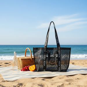 Sac fourre-tout en maille de nylon réutilisable avec poignées imprimées personnalisées, sac de shopping en maille, sac de plage en maille avec logo personnalisé - Product Image 1