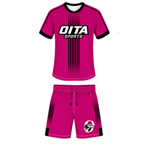 ชุดรักบี้สีชมพูร้อนและสีดำ เสื้อเจอร์ซีย์คอกลมแขนสั้นพร้อมกางเกงขาสั้นเข้าชุด ระบายอากาศได้ดี เหมาะสำหรับการฝึกซ้อมและการเล่นกีฬา - Product Image 1