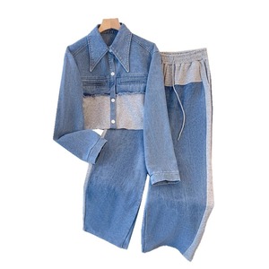 Women Denim Patchwork Tracksuit Set Casual Full Sleeve Turn-<b>down</b> Collar Long <b>Pants</b> Color Blocking Loose Fit Spring Style - Product Image 1
