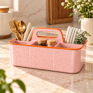 Compartimento de Almacenamiento Rectangular Multifuncional Moderno de Acero Inoxidable Esmaltado en Rosa con Asa y Divisores - Product Image 2