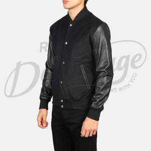 Chaqueta Bomber Varsity de Lana Negra para Hombre con Mangas de Cuero Genuino, Estilo Clásico Letterman, Corte Ajustado, Ropa Exterior de Béisbol - Product Image 5