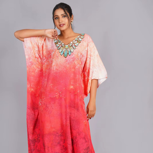 Indian Women's Floral Printed Satin <b>Kaftan</b>-Pure Cotton Summer Autumn Spring <b>Beach</b> Cover-Up Luxury Gift for Great Price - Product Image 1