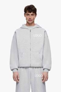 เสื้อฮู้ดซิปเต็มตัวสีเทาสำหรับผู้ชายพร้อมโลโก้สั่งทำ และกางเกงวอร์มขายาวเข้าชุด ชุดวอร์ม OEM ODM ขายส่งเสื้อผ้า - Product Image 4