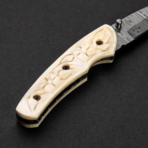 Handmade Multi-Functional Damascus Steel Drop Point Folding <b>Knife</b> 7.5 <b>Bone</b> <b>Handle</b> Leather Sheath 0.45mm Thick - Product Image 2