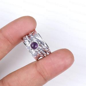 Wholesale Vintage Silver Anxiety Ring Round Purple Amethyst <b>Fidget</b> Boho Textured Wide Band Worry Ring Jewelry Supplier Gift - Product Image 2