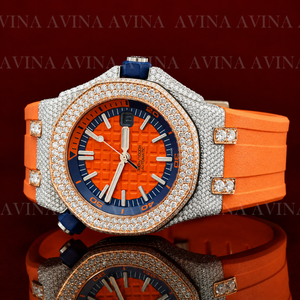 Reloj de Lujo con Incrustaciones de Moissanita para Hombre, Estilo Hip Hop |   Reloj automático con correa de caucho naranja |   Reloj Deportivo con Diamantes Incrustados - Product Image 4
