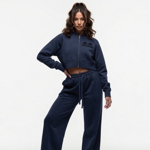 Womens Khaki Beige <b>Cropped</b> <b>Zip</b>-<b>Up</b> Hooded Tracksuit Cotton Fleece Matching Two Piece Wide Leg Pants SeTS - Product Image 2