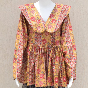Hand Block Print Cotton Peplum Top: Floral Boho Blouse (Yellow Base) - Product Image 3