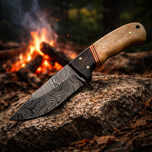 Handmade Camping Skinner <b>Knife</b> in Damascus Steel with Straight Back Blade Horn+<b>Bone</b> <b>Handle</b> and Leather Sheath - Product Image 2