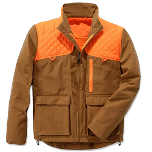 Chaqueta de caza marrón naranja estilo chaleco acolchado con cremallera y bolsillos - Product Image 1