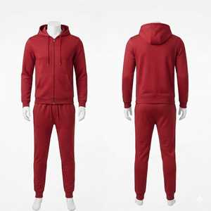 Ensemble de survêtement rouge à capuche pour homme, veste zippée intégrale et pantalon de jogging, tenue de sport décontractée, couleur unie, coton respirant, 2 pièces, vente en gros - Product Image 1