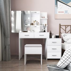 White <b>Dressing</b> Table Set with Storage Particleboard Triamine Veneer 5 Pumps 2 Shelves Three Dimming Light Bulb Mirror Cabinet - Product Image 1