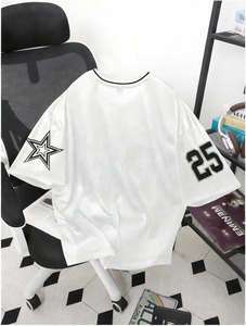 T-shirt en maille noire à col en V pour femme, manches courtes, imprimé étoile numéro 25, style sportif, respirant, coupe régulière, toutes saisons - Product Image 6