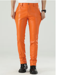 Spezia International Men's Orange PU Coated Straight Fit Casual <b>Trousers</b> <b>Elastic</b> <b>Waist</b> Heavyweight Woven Fabric Winter Style - Product Image 1