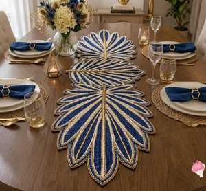 Handmade Beaded Leaf <b>Table</b> <b>Runner</b> 13x36, Blue Floral <b>Table</b> Decoration, Luxury Decorative <b>Table</b> <b>Runner</b>, Dining <b>Table</b> <b>Runner</b>, - Product Image 4