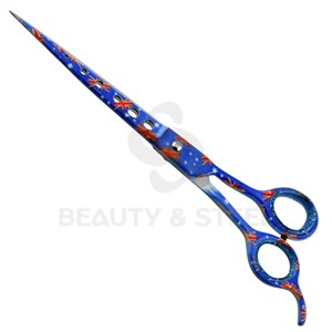 Ciseaux de coiffure professionnels bleu foncé avec motif floral doré orné et bord convexe tranchant - Product Image 5
