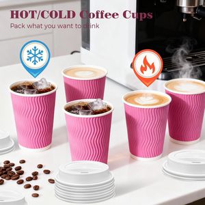 Confezione da 100 Bicchieri di Carta Isolati a Parete Ondulata da 350 ml con Coperchi Rosa, 100% Usa e Getta per Caffè, Tè, Cacao, D Cups - Product Image 5