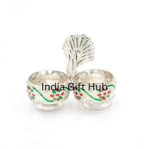 Meenakari Peacock Haldi Kumkum Stand German <b>Silver</b> Peacock Design Tray with Polish Finish for Kumkum and Batla Holder - Product Image 4