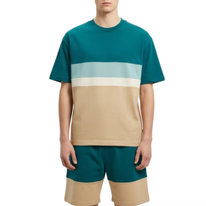 Conjunto de Camiseta y Pantalones Cortos para Hombre con Bloques de Color, Cuello Redondo, Estilo Casual de Verano, Tejido Transpirable de Algodón - Product Image 5