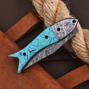 Cuchillo Plegable de Cobre Damasco Forjado a Mano con Mango de Resina Turquesa y Funda de Cuero, Cuchillo de Caza de Bolsillo EDC CuMai Personalizado - Product Image 4