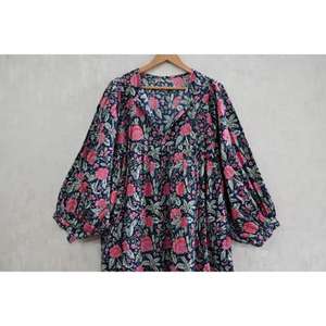 Vestido Maxi Hecho a Mano 100% Algodón con Estampado Floral, Cuello en V y Mangas Abullonadas para Mujer, Estilo Formal Regular para Fiestas de Verano - Product Image 4