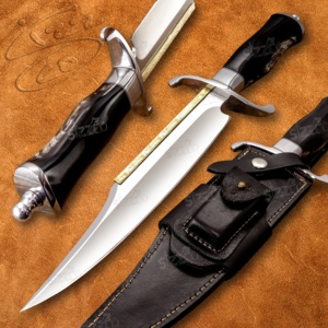 Cuchillo Bowie de Caza OEM Personalizado Hecho a Mano con Mango de Cuerno de Toro Grabado en Latón, Hoja de Acero D2 de 16 Pulgadas con Punta Clip, Funda de Cuero SIZZCO, 3 Años de Garantía - Product Image 1