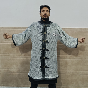 เสื้อเกราะโซ่ยุโรปยุคกลางทำมือ  วงแหวนอะลูมิเนียมแบบเรียบติดหมุด  ตกแต่งด้วยหนัง  ชุดคอสตูมสำหรับการแสดงประวัติศาสตร์ - Product Image 4