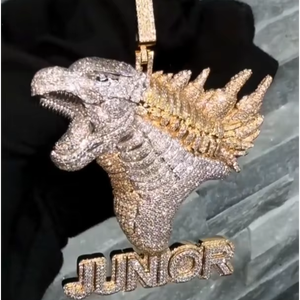 Collier Pendentif Dinosaure Hip Hop Moissanite Iced Out Plaqué Or avec Chaîne Corde Diamantée pour Mariage, Fête, Cadeau - Product Image 1