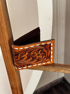 Nueva billetera de cuero con estampado floral a mano hecha a mano, billetera plegable para tarjetas de crédito, billetera occidental de cuero genuino cosida a mano para hombres - Product Image 3