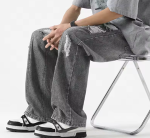 Pantalones casuales de hombre de verano, vaqueros rasgados de pierna recta holgada, estilo retro con cordón, de marca de moda, que combinan con todo - Product Image 3