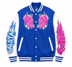 เสื้อแจ็คเก็ตเบสบอลสีน้ำเงินและสีขาวแบบกำหนดเองสำหรับผู้ชาย พร้อมลายปักกราฟิกสีชมพู, เสื้อแจ็คเก็ตบอมเบอร์สไตล์ Letterman สำหรับสตรีทแวร์ ผลิตโดยผู้ผลิตเสื้อแจ็คเก็ตบอมเบอร์ - Product Image 1