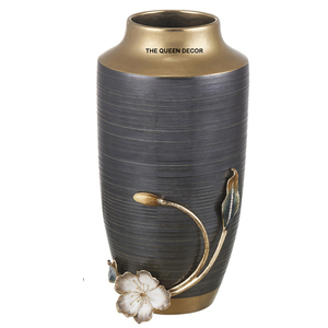 Vase décoratif moderne en aluminium de forme ronde, finition or et bleu, design artistique avec feuille latérale - Product Image 1