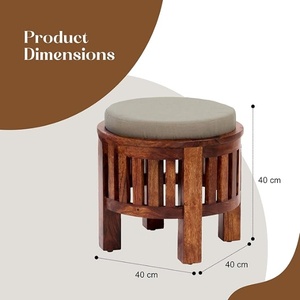 Handcrafted Wooden Round Top <b>Stool</b> <b>with</b> Cushion Honey Finish Multipurpose Side <b>Table</b> Footrest for Living Room Bedroom Lounge - Product Image 3