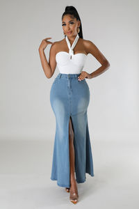 Jupes en jean pour femmes, jupe longue en denim extensible pour femmes, jupe longue évasée en denim pour femmes - Product Image 6