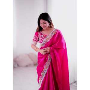 Saree fantaisie avec gros fils à broder paillettes et perles travail autres accessoires ethniques - Product Image 3