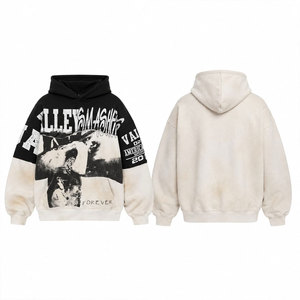 Sudadera con Capucha Extra Grande para Hombre, Estampado Blanco y Negro, Estilo Urbano, Algodón FRENCH TERRY, Bolsillo, Corte Regular, Ropa de Otoño - Product Image 1