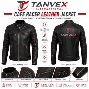 เสื้อแจ็คเก็ตหนังสำหรับผู้ชาย TANVEX Racer Pro รุ่นฤดูหนาว สีดำ แดง ขาว คอตั้ง ผลิตจากผ้าที่เป็นมิตรกับสิ่งแวดล้อม ดีไซน์สไตล์นักขี่มอเตอร์ไซค์ พร้อมซิป - Product Image 1