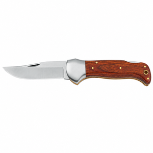 Navajas de bolsillo plegables con mango de madera marrón, hoja curva plateada, bolster metálico y remaches de latón para camping al aire libre y uso diario - Product Image 1