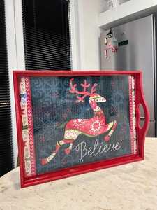 Wooden Customized Red Rectangle Serving Tray With Enamel Reindeer Pattern And Home Decor Dining Tray Multi Purpose Tray By UO - Product Image 2