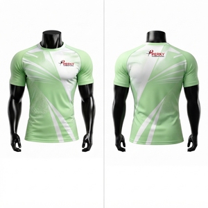 เสื้อรักบี้ชายแบบซับลิเมชั่น แขนสั้น ทรงเข้ารูป ระบายเหงื่อได้ดี สีเขียวขาว คอวี สำหรับผู้ใหญ่ ชุดกีฬา - Product Image 3