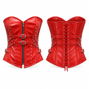 Red PU <b>Leather</b> <b>Corset</b> With Front Zip And Back Lace-Up Design Women Shapewear Firm Control Style Women <b>Corset</b> - Product Image 1