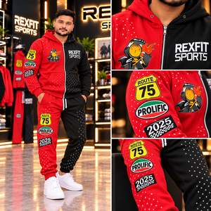 Rexfit sports 2026 New Custom Red <b>Black</b> <b>Zip</b> <b>Hoodie</b> Tracksuit Set Men’s Color Block Jogger Sportswear Matching Set - Product Image 5
