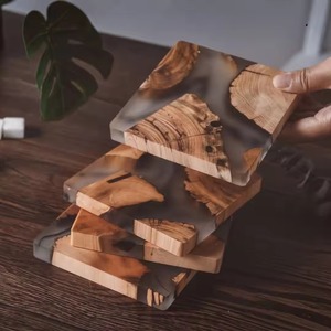 Handmade Round Wood & Smoky Grey Epoxy Resin <b>Coaster</b> Set with Modern Design and Cork Backing REHMAN CRAFT - Product Image 4