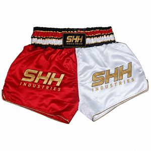 Pantalones Cortos de Boxeo Muay Thai Rojos y Blancos Personalizados para Hombre, Dos Tonos, Ribete Dorado Satinado, Cintura Elástica Ancha, Ropa de Entrenamiento de Kickboxing, OEM - Product Image 1