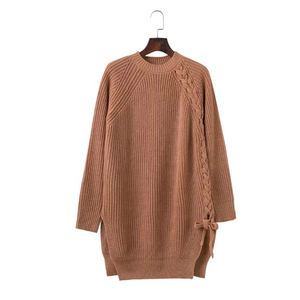 <b>Woolen</b> Knitted Sweater <b>Dress</b> Crew Neck Long Sleeve Lace Up Bow Midi Pullover - Product Image 1