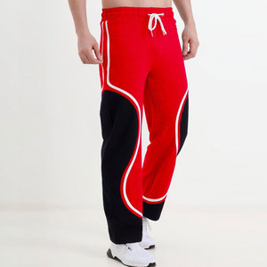 Pantalon de jogging décontracté rouge et noir à blocs de couleur, taille élastique avec cordon de serrage, poches latérales, respirant, poids moyen, idéal pour le printemps - Product Image 4