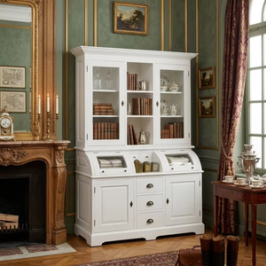 Elegant Giordano Cabinet Premium Solid Wood White Dresser with Roll-Top Glass Doors and Apothecary Drawers for Living - Product Image 1